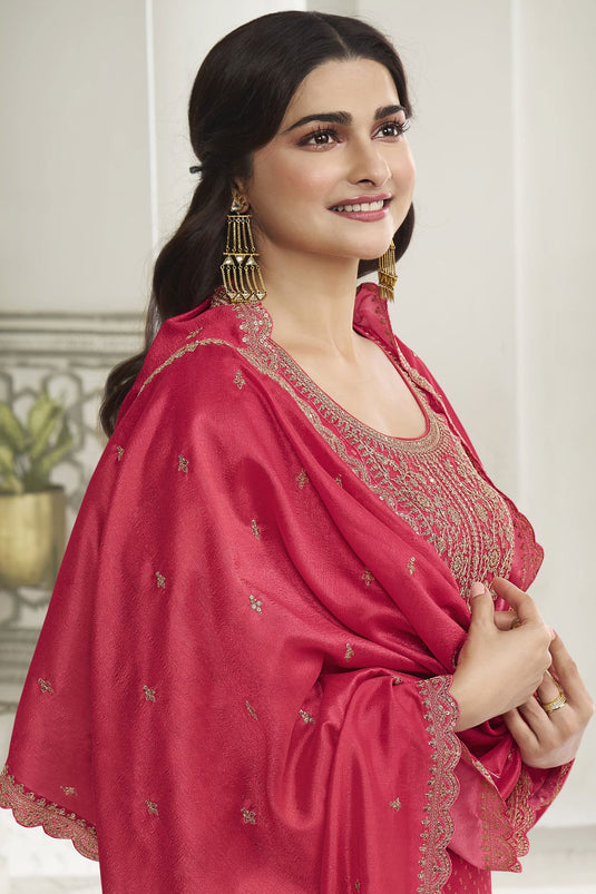 Prachi Desai Embroidered Georgette Silk Fabric Long Straight Cut Suit In Pink Color