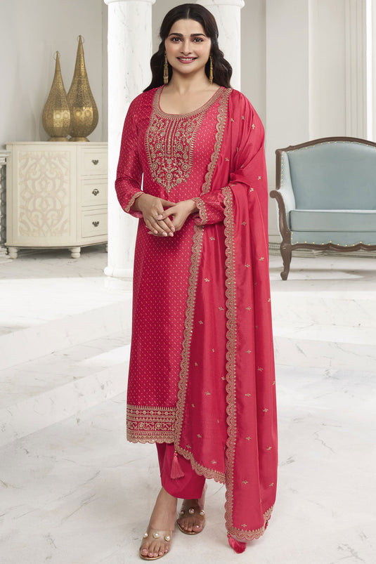 Prachi Desai Embroidered Georgette Silk Fabric Long Straight Cut Suit In Pink Color