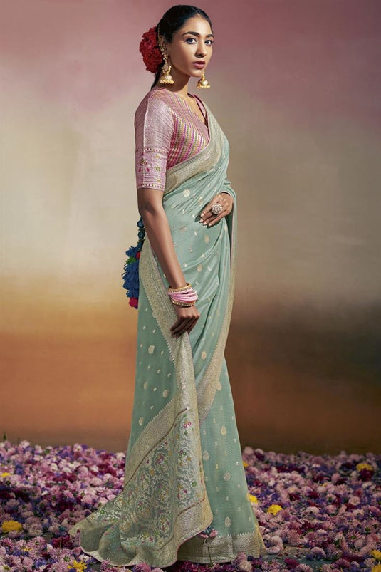 Sea Green Color Splendid Minakari Pallu Saree In Viscose Fabric