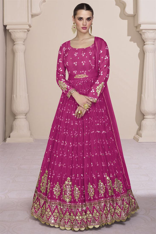 Georgette Fabric Rani Color Festive Wear Embroidered Long Anarkali Salwar Kameez