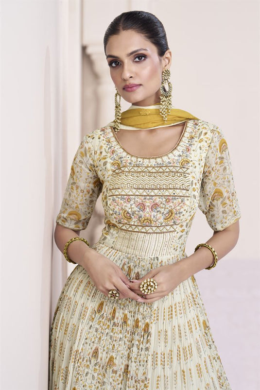 Beige Color Party Wear Embroidered Long Anarkali Salwar Suit In Georgette Fabric