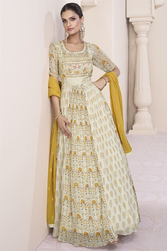 Beige Color Party Wear Embroidered Long Anarkali Salwar Suit In Georgette Fabric