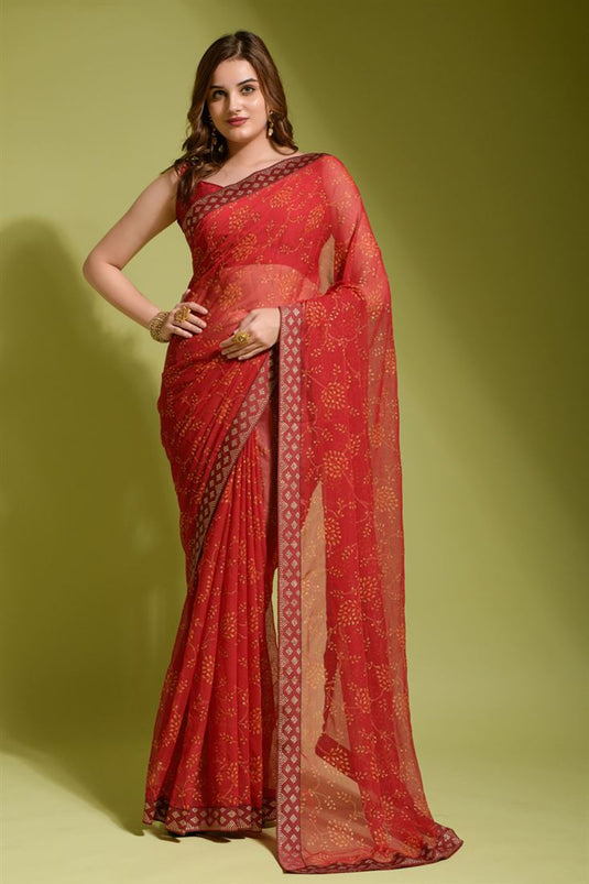 Radiant Red Color Georgette Fabric Floral Printed Saree