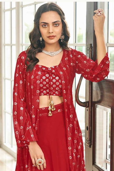 Red Color Glittering Georgette Fabric Embroidered Sharara Top Lehenga