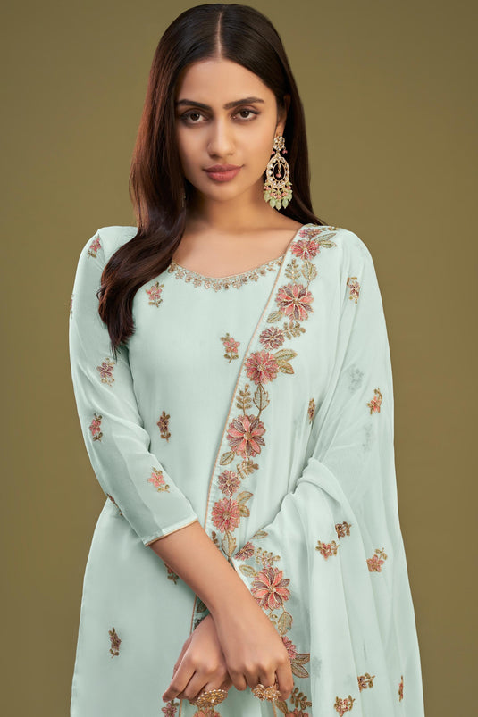 Embroidered Light Cyan Color Georgette Fabric Function Wear Palazzo Suit