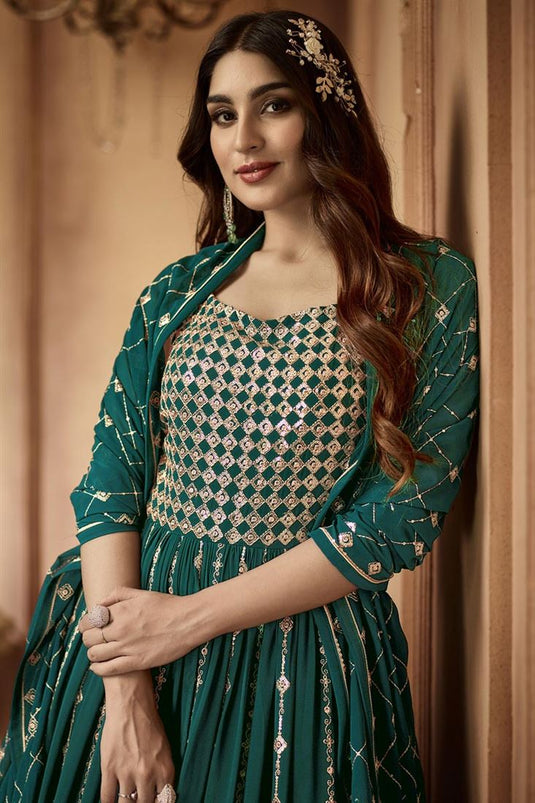 Fascinating Green Color Georgette Fabric Party Style Anarkali Suit