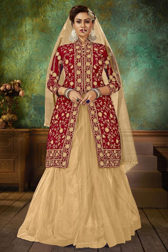 Fancy Red Embroidered Sangeet Wear Sharara Top Lehenga In Velvet Fabric