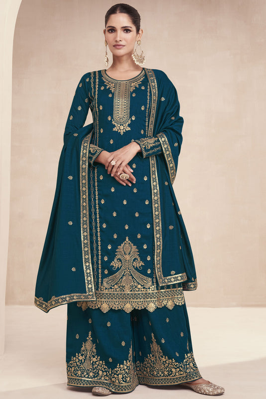 Teal Color Art Silk Fabric Fancy Embroidered Function Wear Readymade Designer Palazzo Salwar Suit