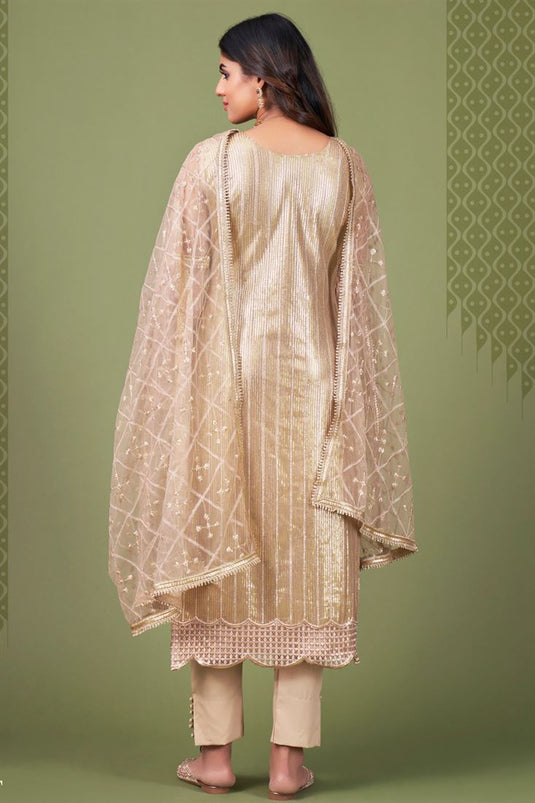 Attractive Beige Color Sequins Work Net Salwar Suit