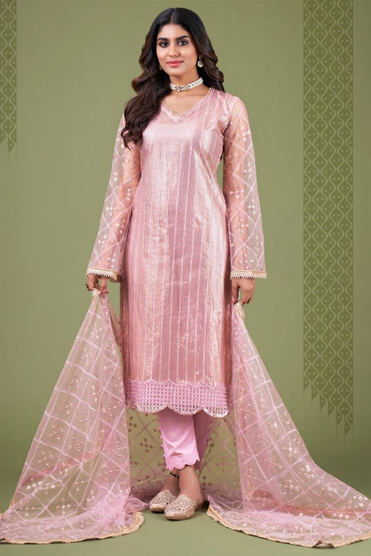 Graceful Sequins Work Pink Color Net Salwar Suit