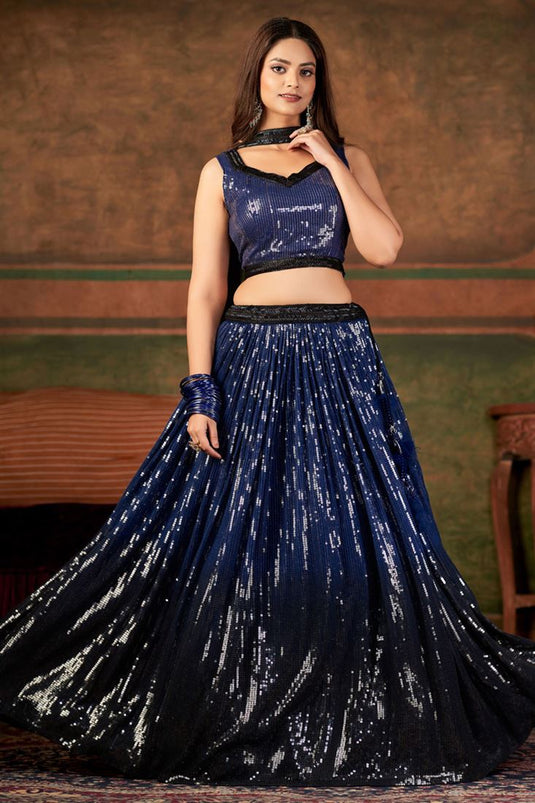 Classic Navy Blue Color Readymade Lehenga In Georgette Fabric