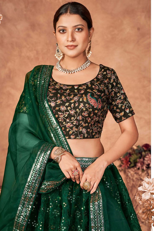 Dark Green Color Organza Fabric Awesome Function Wear Lehenga