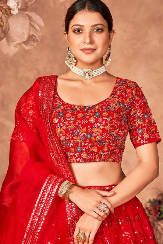 Stunning Organza Fabric Red Color Function Wear Lehenga