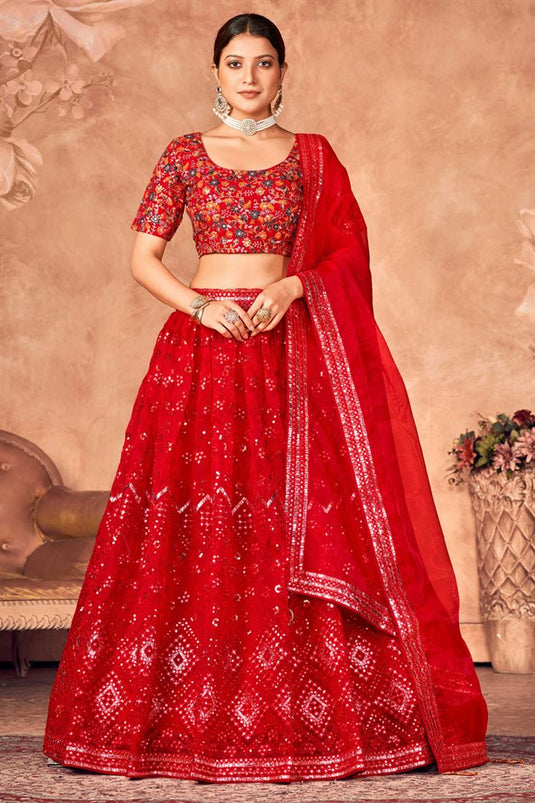 Stunning Organza Fabric Red Color Function Wear Lehenga