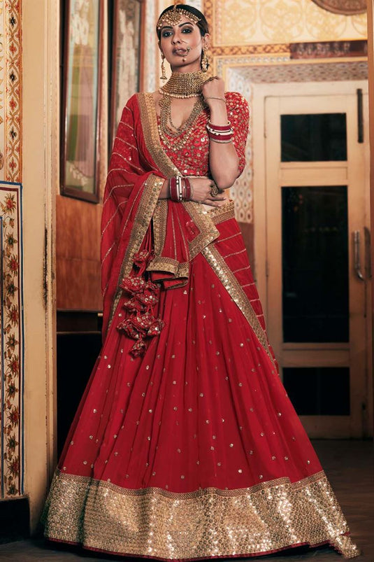 Red Color Sangeet Wear Splendid Embroidered Work Lehenga In Georgette Fabric