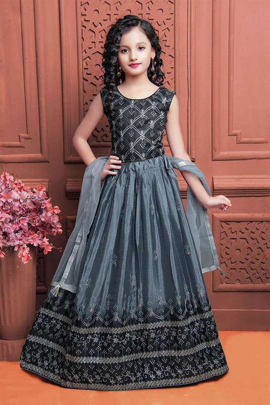 Chinon Silk Engaging Grey Color Festive Wear Embroidered Kids Lehenga Choli