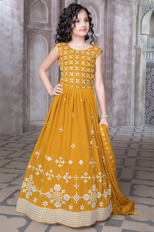 Appealing Georgette Fabric Kids Lehenga Choli In Mustard Color