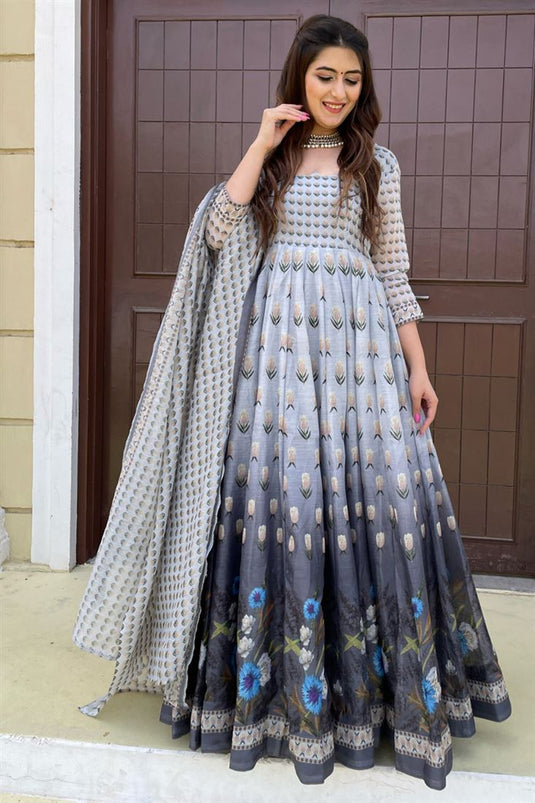 Fetching Embroidered Grey Color Function Wear Chanderi Fabric Readymade Anarkali Salwar Suit