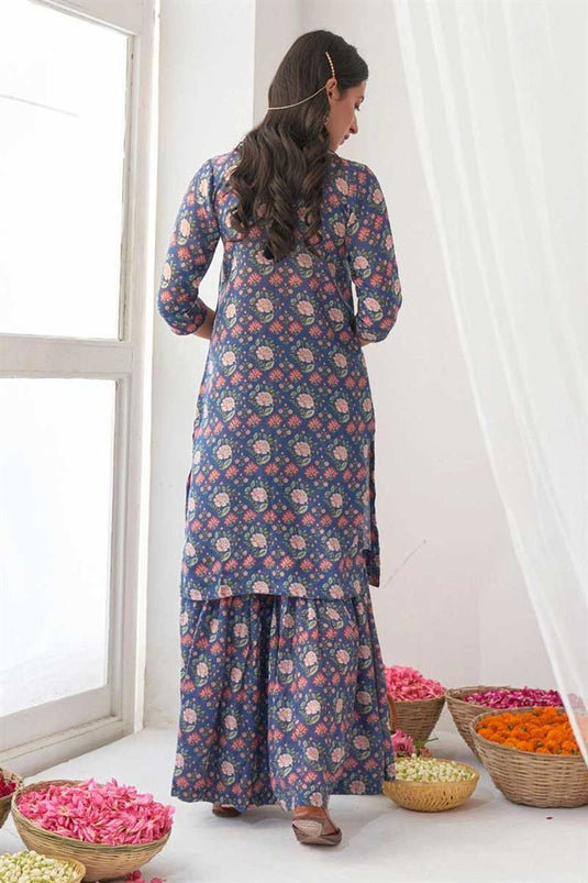 Charming Blue Color Muslin Fabric Printed Sharara Suit