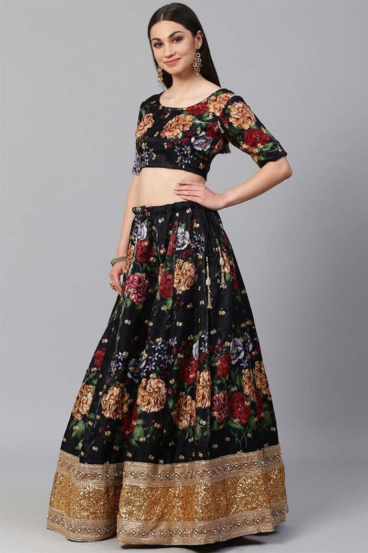 Function Wear Art Silk Fabric Black Color Floral Digital Printed Innovative Lehenga