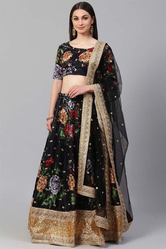 Function Wear Art Silk Fabric Black Color Floral Digital Printed Innovative Lehenga