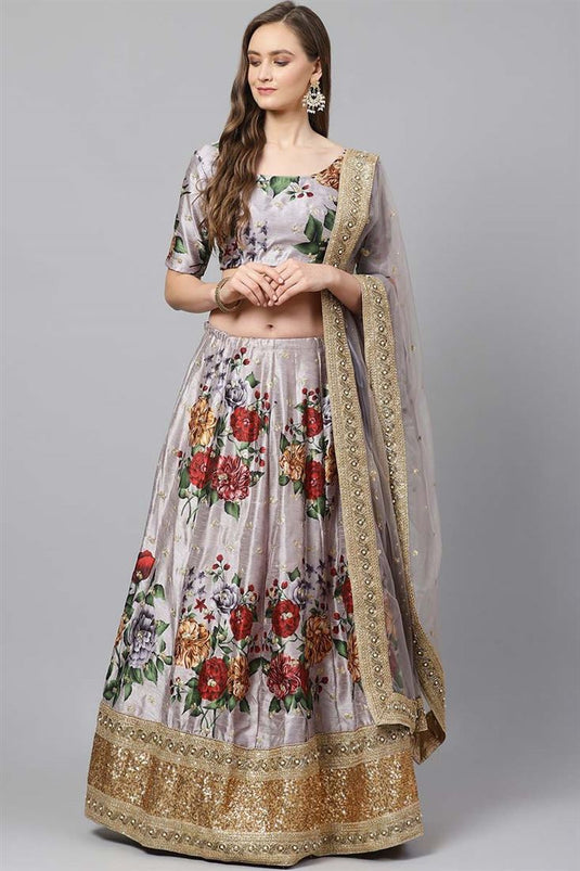 Grey Color Function Wear Floral Digital Printed Charismatic Lehenga In Art Silk Fabric