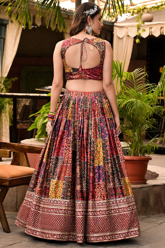 Printed Multi Color Designer 3 Piece Readymade Lehenga Choli In Satin Fabric