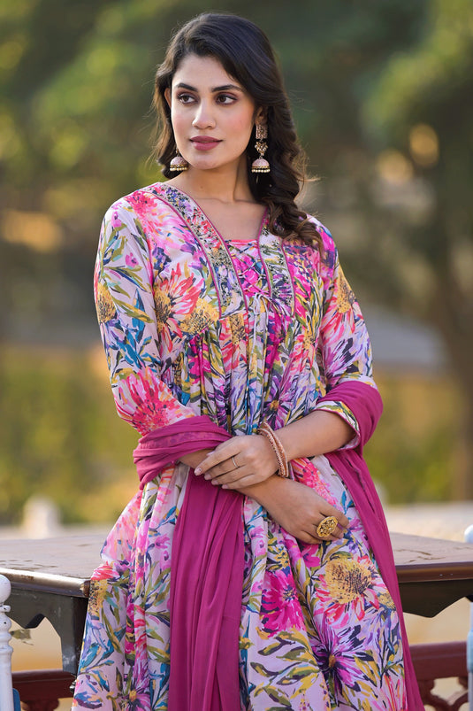 Georgette Fabric Pink Color Excellent Anarklai Suit With Printed Work