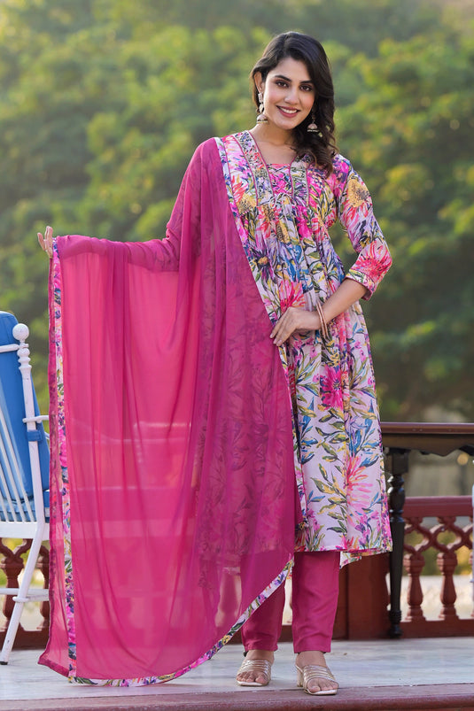 Georgette Fabric Pink Color Excellent Anarklai Suit With Printed Work