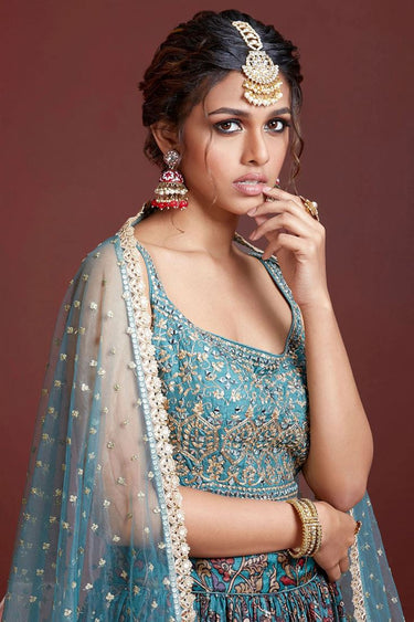 Attrective Art Silk Fabric Sky Blue Color Sangeet Wear Lehenga With Floral Digital Printed Work