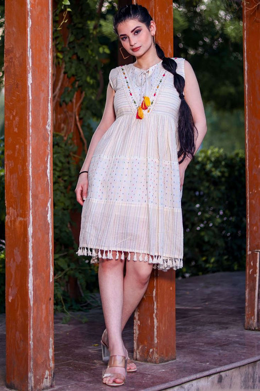 Off White Thread Hand Work Cotton Fabric Fabulous Kurti