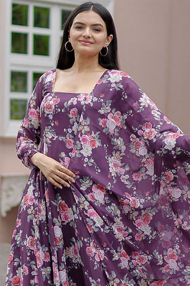Vibrant Festivities Digital Printed Georgette Gown with Dupatta In Purple Color