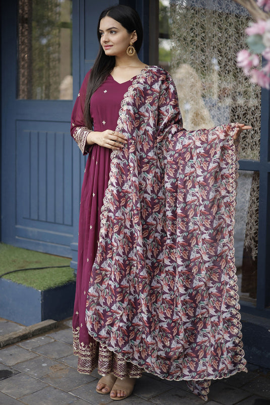 Persian Wine Color Georgette Fabric Embroidered Readymade Long Anarkali Style Gown With Dupatta