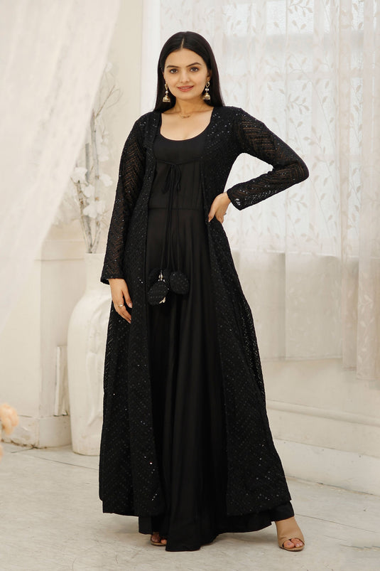 Function Wear Black Color Glorious Readymade Gown With Shrug In Rayon Fabric