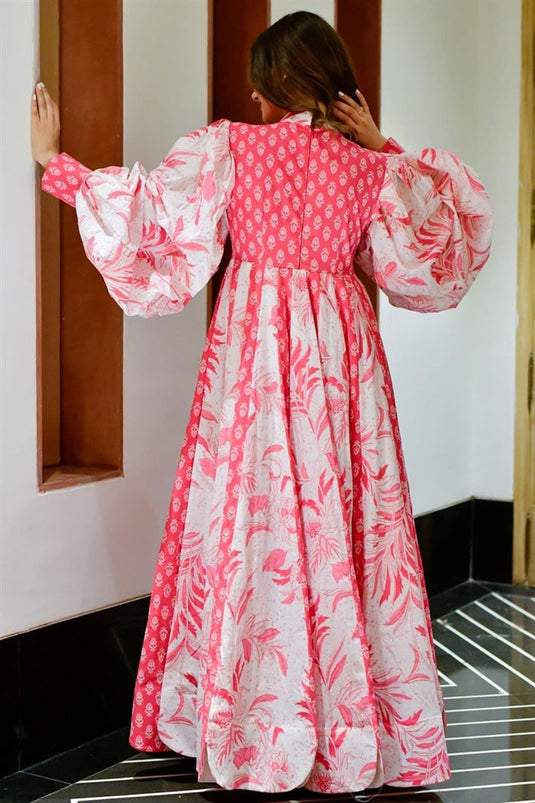 Cotton Silk Pink And White Gown with Digital Print work