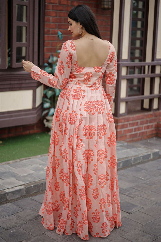 Peach Color Chanderi Fabric Digital Printed Readymade Gown