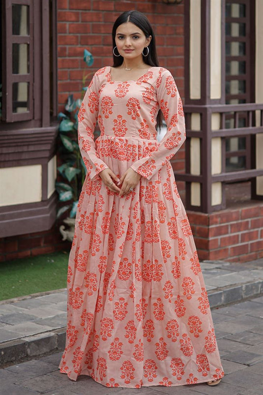 Peach Color Chanderi Fabric Digital Printed Readymade Gown