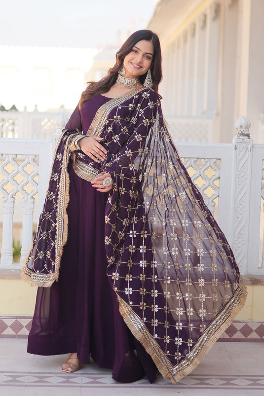 Attractive Georgette Fabric Wine Color Readymade Gown With Dupatta In Function Wear