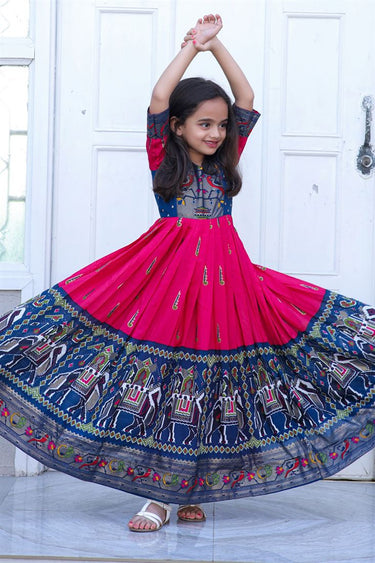 Radiant Pink Color Art Silk Fabric Foil Printed Kids Gown
