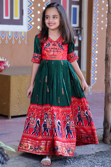 Stylish Green Art Silk Fabric Foil Printed Kids Gown