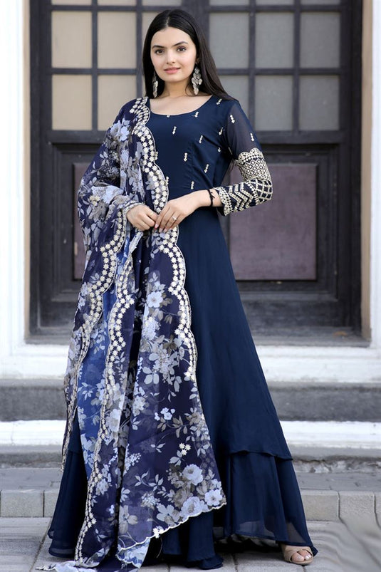 Navy Blue Color Georgette Admirable Readymade Gown With Dupatta