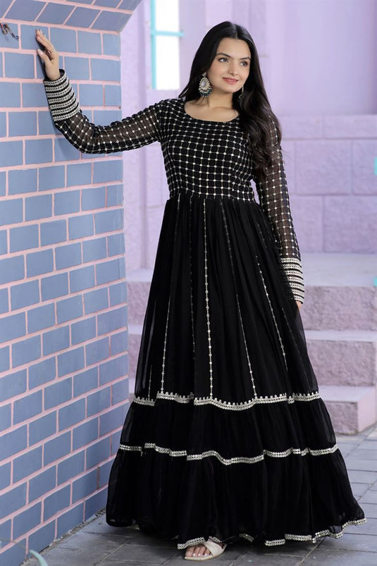 Black Georgette Fabric Readymade Gown With Sequins Work