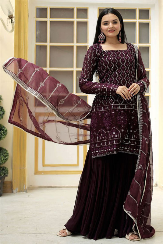 Wine Color Charismatic Readymade Georgette Sharara Suit