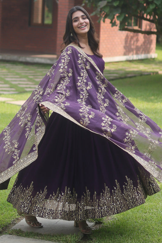 Purple Color Embroidered Readymade Long Gown With Dupatta