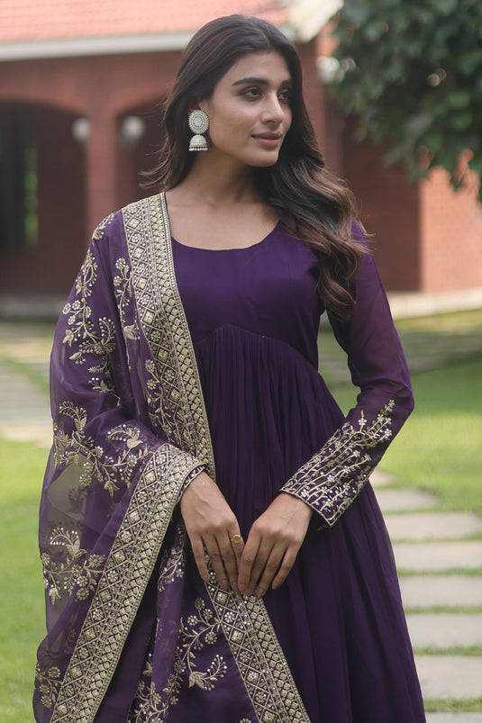 Purple Color Embroidered Readymade Long Gown With Dupatta