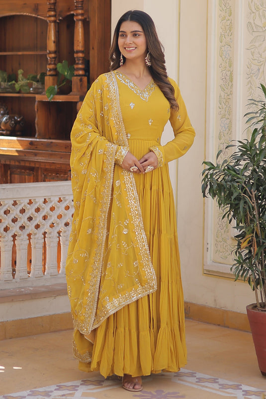 Yellow Color Embroidered Readymade Anarkali Style Long Gown With Dupatta