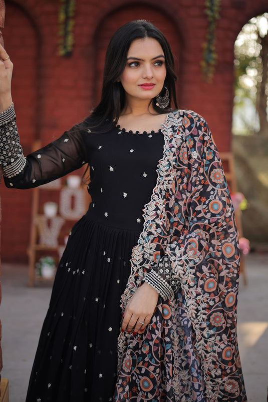 Radiant Black Color Georgette Fabric Gown With Dupatta