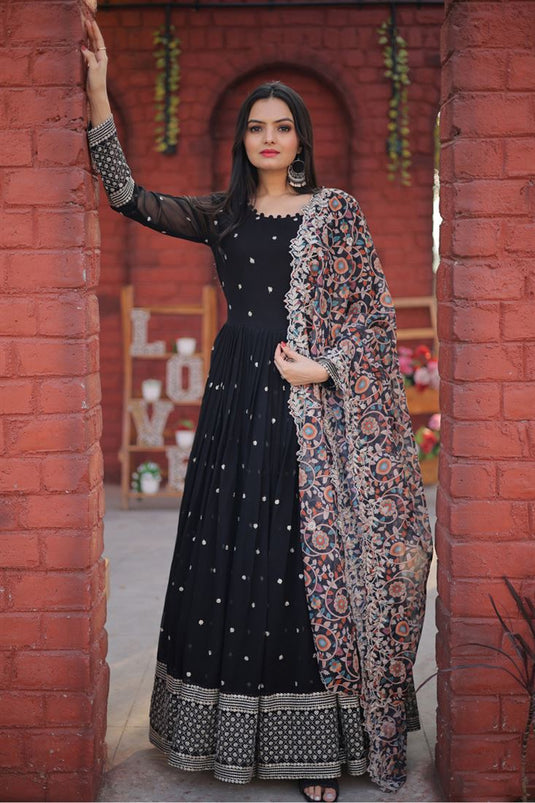 Radiant Black Color Georgette Fabric Gown With Dupatta