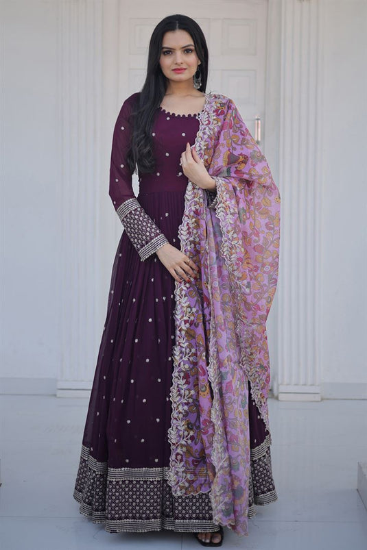Wine Color Georgette Fabric Fabulous Gown With Dupatta