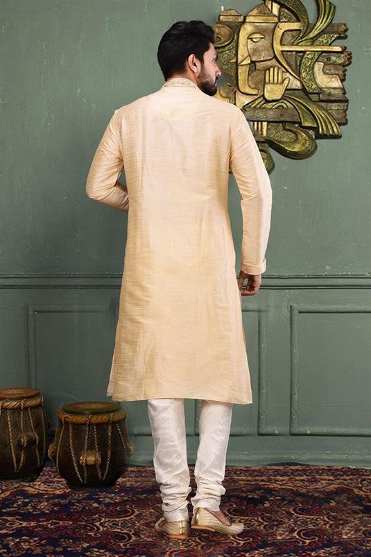 Beautiful Beige Color Wedding Wear Readymade Kurta Pyjama For Men In Art Silk Fabric